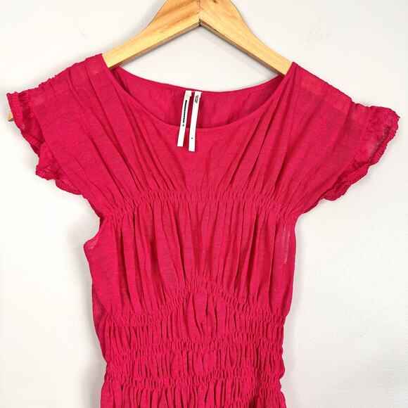 By Anthropologie Sheer Smocked Ruffled Asymmetrical Hot Pink Sweater Tank Small - Picture 4 of 9